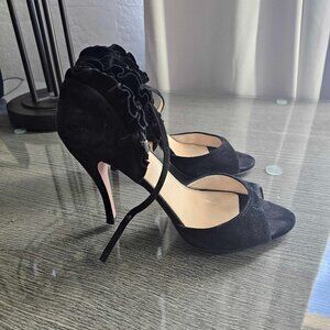 Prada Ruffe Detail Ankle Strap Sandals In Black Suede Sz 38 1/2, 38.5, 8.5